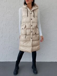 EURMUSE Drawstring Waist Hooded Puffer Vest Coat - Apricot - View 2