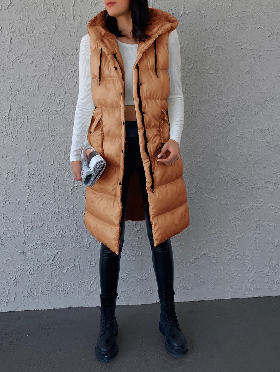 EURMUSE Flap Pocket Drawstring Hooded Puffer Vest Coat - Orange - View 1