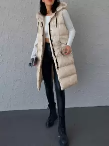 EURMUSE Drawstring Waist Hooded Puffer Vest Coat - Apricot - View 4