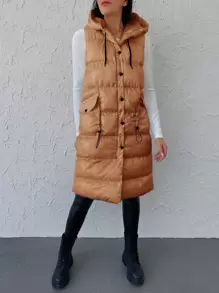 EURMUSE Flap Pocket Drawstring Hooded Puffer Vest Coat - Orange - View 2