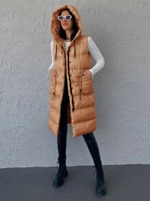EURMUSE Flap Pocket Drawstring Hooded Puffer Vest Coat - Orange - View 3