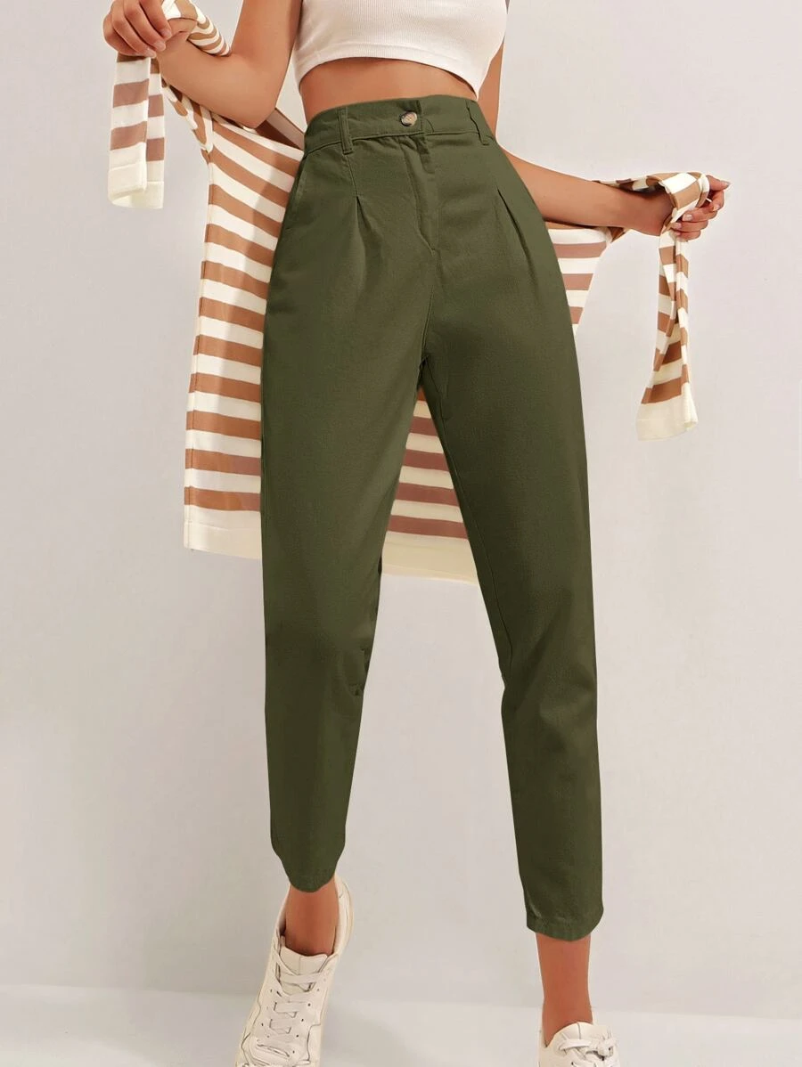 EURMUSE High Waist Fold Pleated Trousers - Army Green - View 1