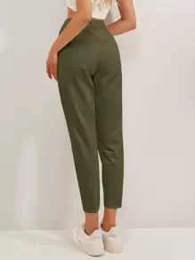 EURMUSE High Waist Fold Pleated Trousers - Army Green - View 2