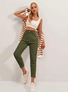 EURMUSE High Waist Fold Pleated Trousers - Army Green - View 3