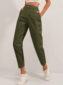 EURMUSE High Waist Fold Pleated Trousers - Army Green - View 4