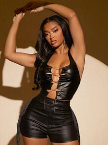 SHEIN SXY Chain Lace Up Backless PU Leather Halter Top - Black - View 6