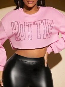 SHEIN SXY Letter Rhinestone Drop Shoulder Crop Pullover,Long Sleeve Tops - Pink - View 6