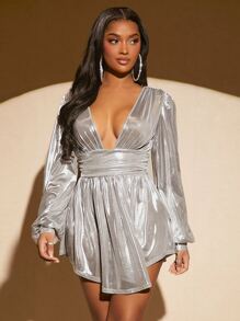 SHEIN SXY Plunging Neck Lantern Sleeve Metallic Dress - Silver - View 3