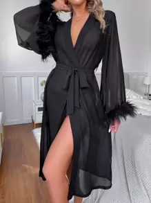 毛茸茸袖口腰帶網紗睡袍不附內衣 - 黑色 - 查看 2