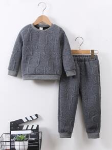 Niños Pantalones deportivos con sudadera con patrón de letra - Gris Oscuro - Ver 1