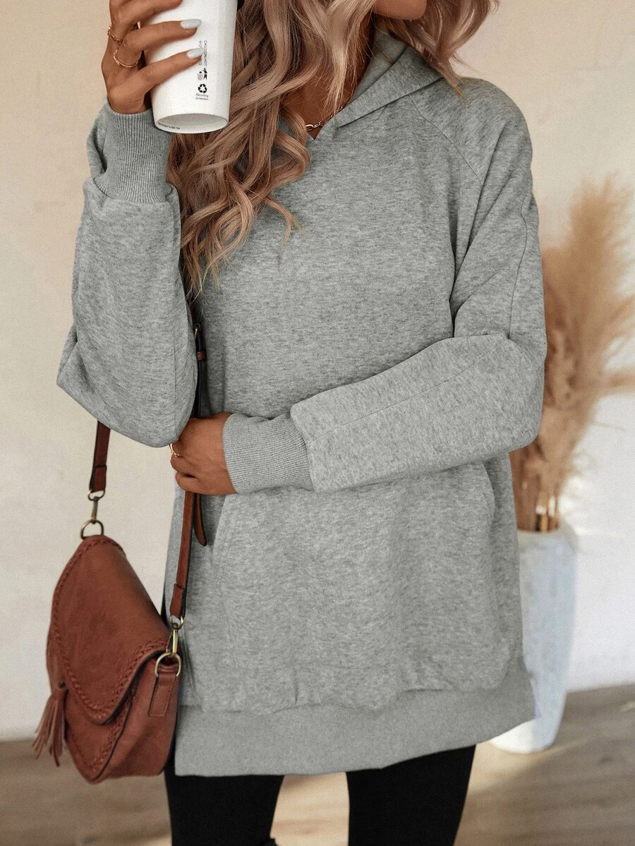 SHEIN LUNE Kangaroo Pocket Raglan Sleeve Hoodie - Grey - View 1