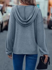 SHEIN LUNE Half Button Drop Shoulder Drawstring Hoodie - Dusty Blue - View 2