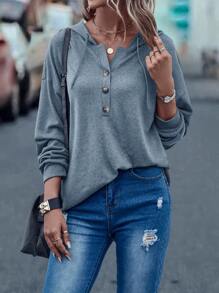 SHEIN LUNE Half Button Drop Shoulder Drawstring Hoodie - Dusty Blue - View 4