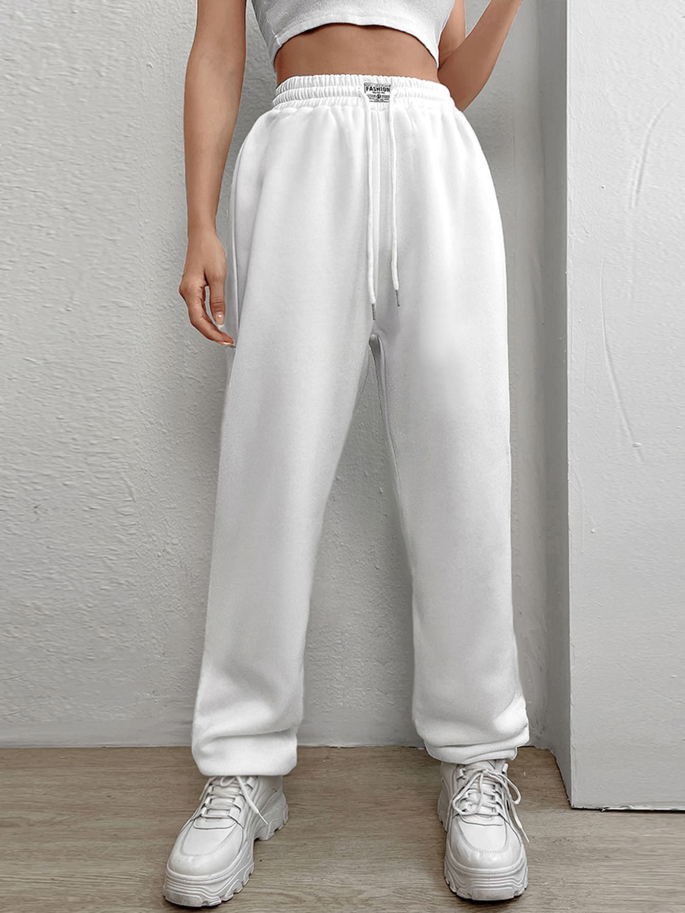 SHEIN EZwear Letter Patched Drawstring Waist Joggers - White - View 1