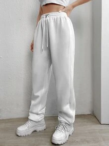SHEIN EZwear Letter Patched Drawstring Waist Joggers - White - View 3
