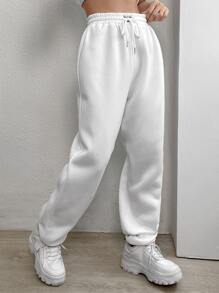 SHEIN EZwear Letter Patched Drawstring Waist Joggers - White - View 4