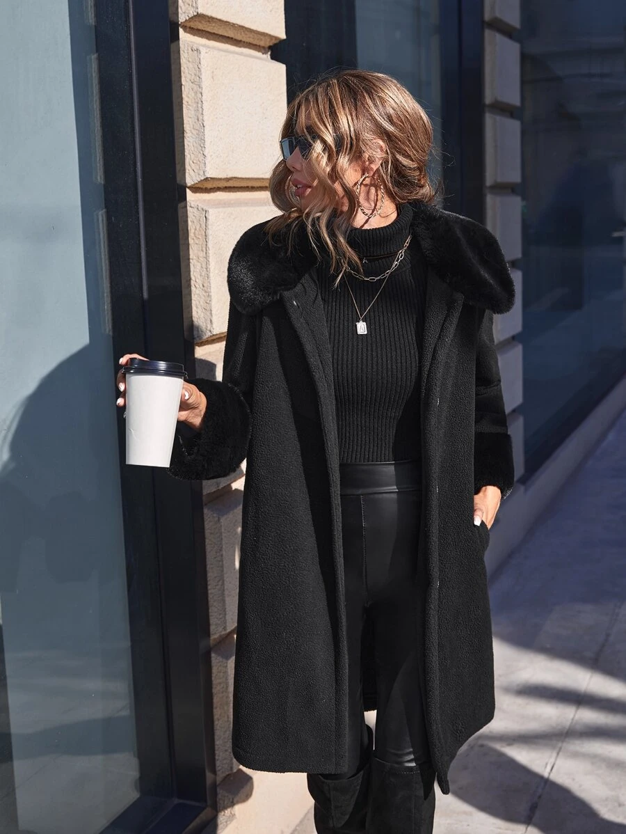 SHEIN Clasi Borg Collar Contrast Cuff Slant Pocket Coat - Black - View 1