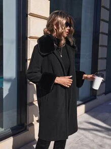 SHEIN Clasi Borg Collar Contrast Cuff Slant Pocket Coat - Black - View 4