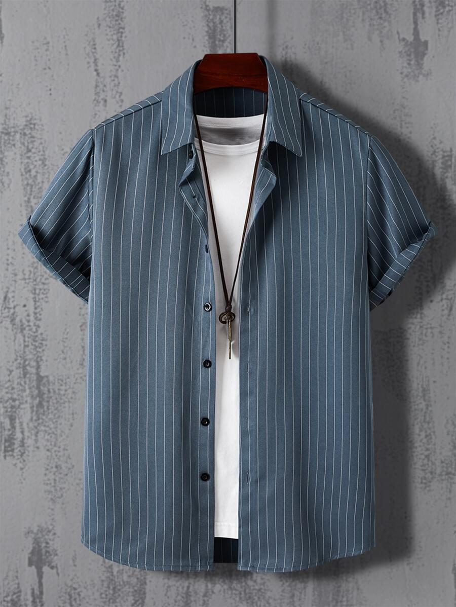 Manfinity Homme Men Striped Button Front Shirt Without Tee - Navy Blue - View 1