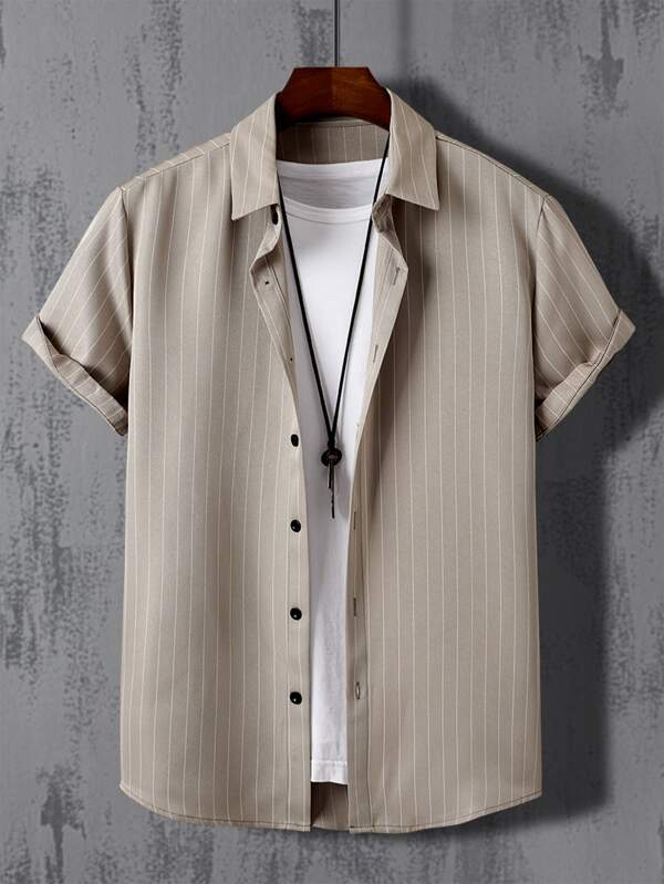 Manfinity Homme Men Striped Button Front Shirt Without Tee, Tan Shirts For Men, Khaki Shirts For Men