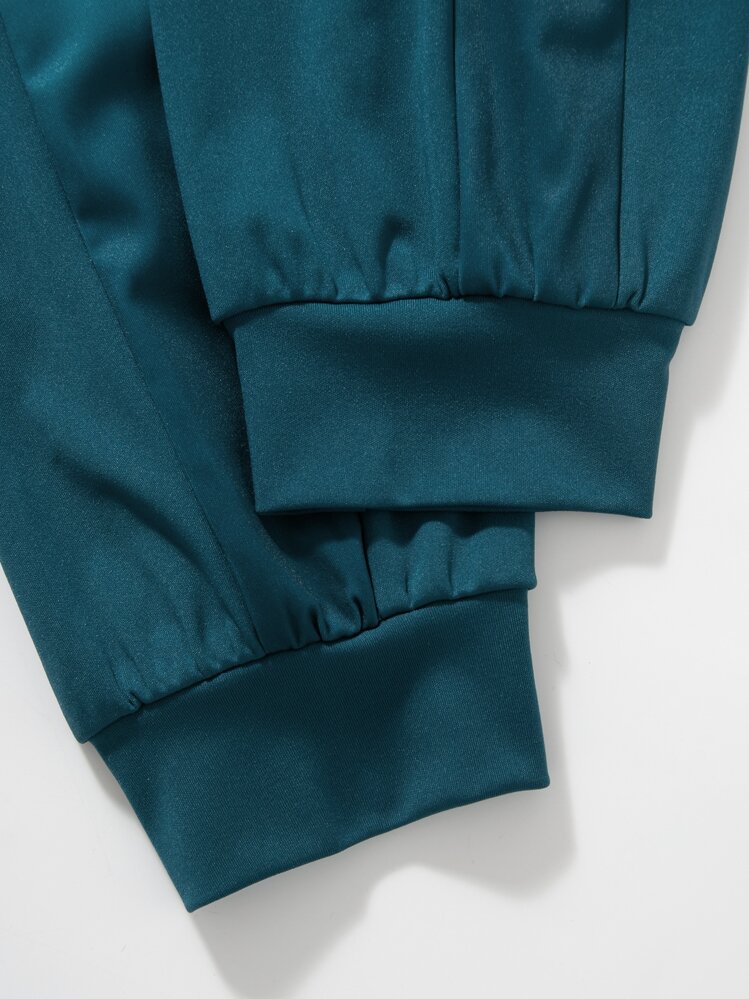 Manfinity Homme כיס שרוך קשירה פסים צידיים קולורבלוק קז'ואל חליפת שני חלקים לגבר - ירוק כהה - ראה 3