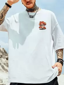 Manfinity LEGND 宽松男式蘑菇与字母图案 T 恤 - 白色 - 查看 2