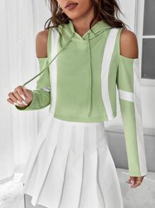 SHEIN EZwear 拼接面挖肩抽繩連帽衫 - 薄荷綠 - 查看 1