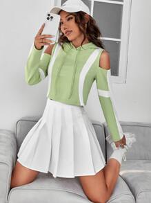 SHEIN EZwear 拼接面挖肩抽繩連帽衫 - 薄荷綠 - 查看 4