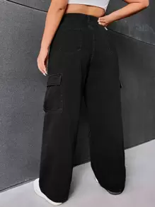 SHEIN EZwear Plus Flap Pocket Side Cargo Jeans - Black - View 2