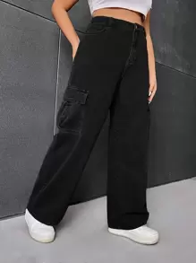 SHEIN EZwear Plus Flap Pocket Side Cargo Jeans - Black - View 3