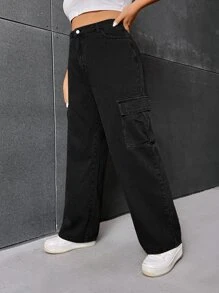 SHEIN EZwear Plus Flap Pocket Side Cargo Jeans - Black - View 5