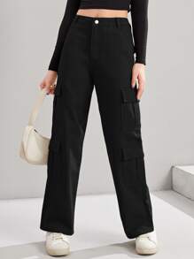 SHEIN 青少年女孩翻蓋口袋工裝牛仔褲