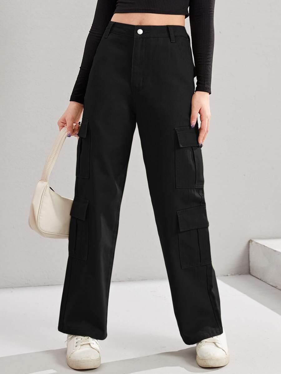 SHEIN 青少年女孩翻蓋口袋工裝牛仔褲