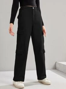 SHEIN 青少年女孩翻蓋口袋工裝牛仔褲