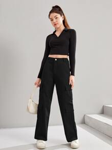 SHEIN 青少年女孩翻蓋口袋工裝牛仔褲