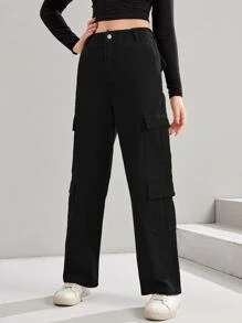 SHEIN 青少年女孩翻蓋口袋工裝牛仔褲