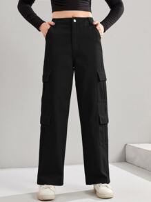 SHEIN 青少年女孩翻蓋口袋工裝牛仔褲