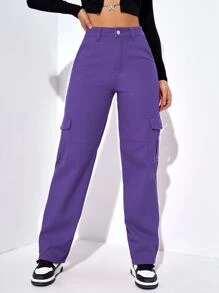 SHEIN EZwear High Waist Flap Pockets Cargo Jeans - Violet Purple - View 2