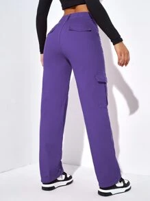 SHEIN EZwear High Waist Flap Pockets Cargo Jeans - Violet Purple - View 3