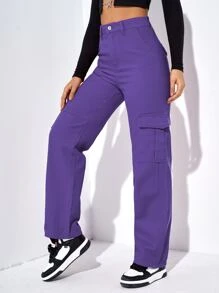 SHEIN EZwear High Waist Flap Pockets Cargo Jeans - Violet Purple - View 6