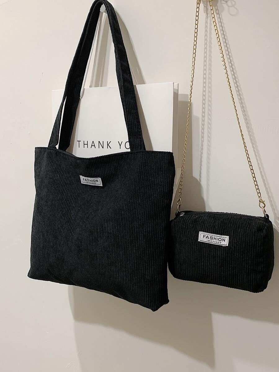 2pcs Patch Detail Corduroy Shoulder Tote Bag With Square Bag School Bag Set For Graduate,Teen Girls,Freshman,Sophomore,Junior & Senior In College,University & High School,Perfect For Outdoors,Travel & Back To School,School Bag,Portable,Large Capacity,For Teen Girls Women College Students,Perfect For Office,College,Elementary School,Middle School,High School,Work,Business,Commute, School Bag With Pouch For Women - Black - View 1