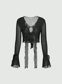 SHEIN ICON Áo voan mỏng viền rau diếp buộc phía trước Y2k - màu đen - Xem 2