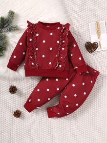 Baby Polka Dot Print Ruffle Trim Sweatshirt & Joggers - Burgundy - View 1
