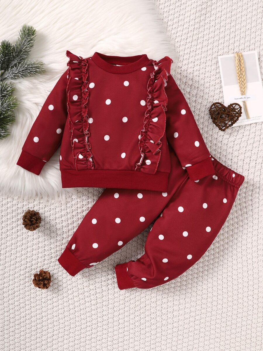 Baby Polka Dot Print Ruffle Trim Sweatshirt & Joggers - Burgundy - View 1