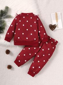 Baby Polka Dot Print Ruffle Trim Sweatshirt & Joggers - Burgundy - View 2