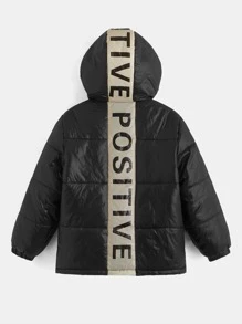 SHEIN Tween Boys Letter Graphic Contrast Panel Hooded Padded Coat - Black - View 2