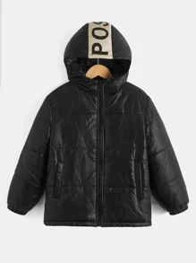 SHEIN Tween Boys Letter Graphic Contrast Panel Hooded Padded Coat - Black - View 1