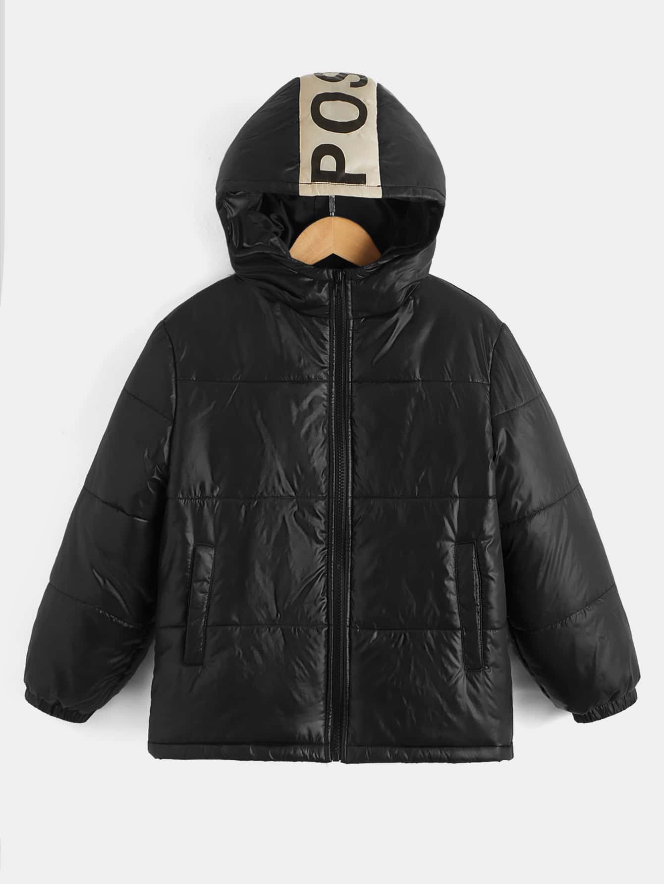 SHEIN Tween Boys Letter Graphic Contrast Panel Hooded Padded Coat - Black - View 1
