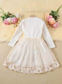 Niñas Vestido de malla ribete con fruncido - Blanco - Ver 2