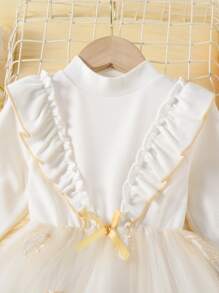 Niñas Vestido de malla ribete con fruncido - Blanco - Ver 3